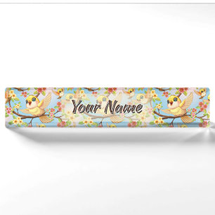 Cute and Happy Birds among Spring Flowers Nameplate
