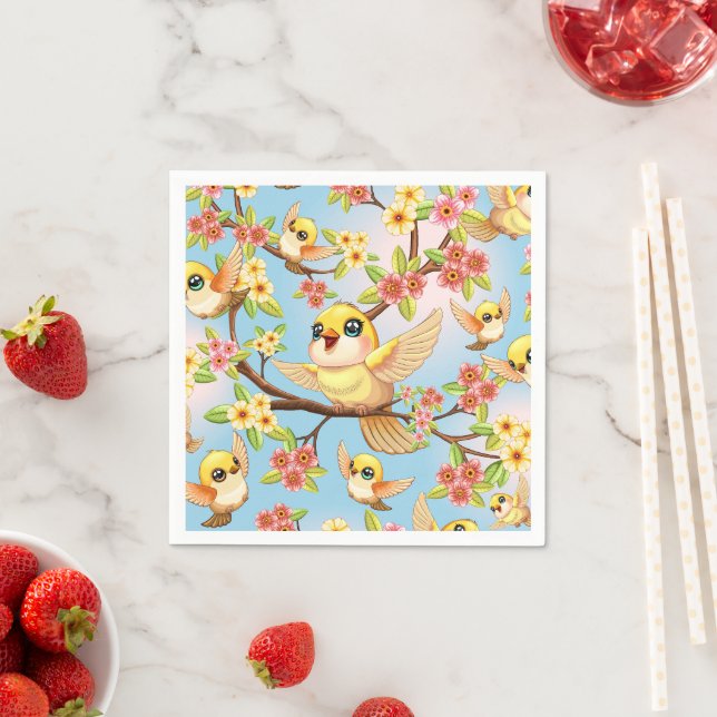 Cute and Happy Birds among Spring Flowers Napkin (Insitu)