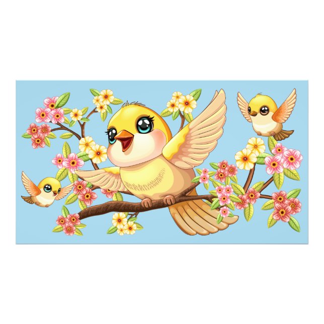 Cute and Happy Birds among Spring Flowers Photo Print (Front)