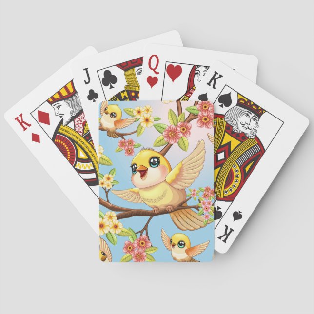 Cute and Happy Birds among Spring Flowers Playing Cards (Back)
