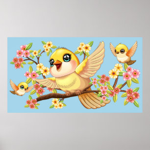 Cute and Happy Birds among Spring Flowers Poster