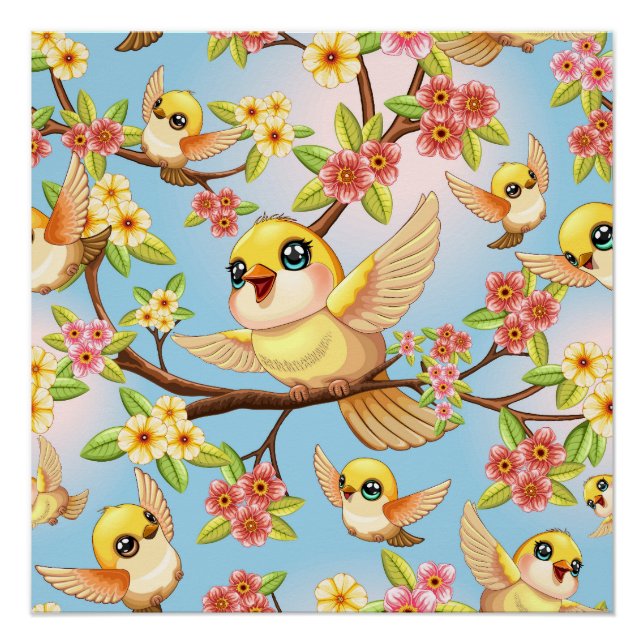 Cute and Happy Birds among Spring Flowers Poster (Front)