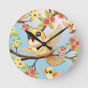 Cute and Happy Birds among Spring Flowers Round Clock