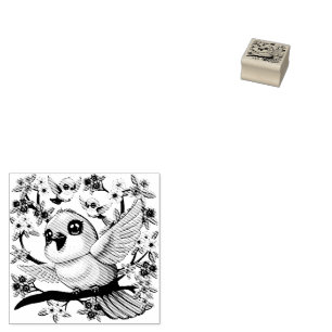 Cute and Happy Birds among Spring Flowers Rubber Stamp