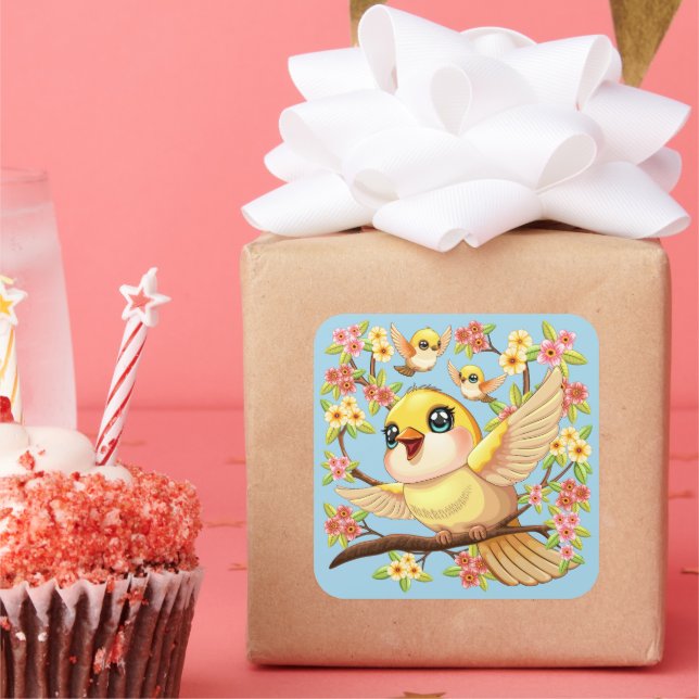Cute and Happy Birds among Spring Flowers Square Sticker (Party)