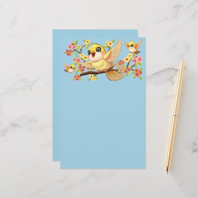 Cute and Happy Birds among Spring Flowers Stationery (Front/Back In Situ)