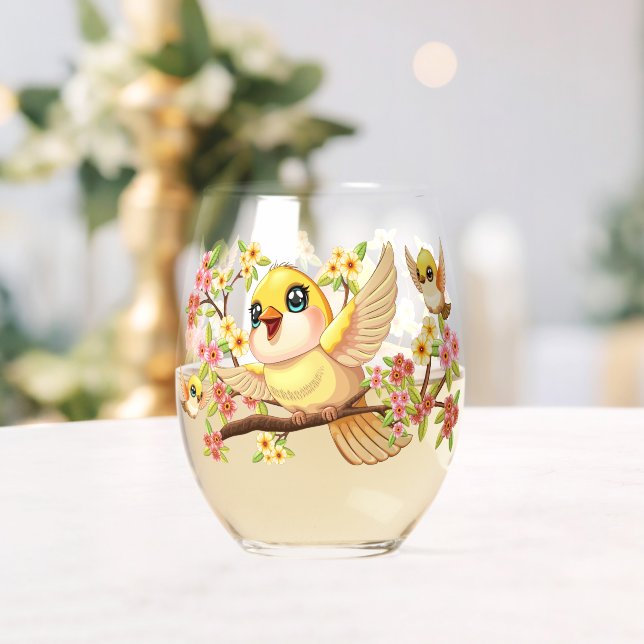 Cute and Happy Birds among Spring Flowers Stemless Wine Glass (Insitu (Wedding))