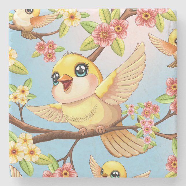 Cute and Happy Birds among Spring Flowers Stone Coaster (Front)