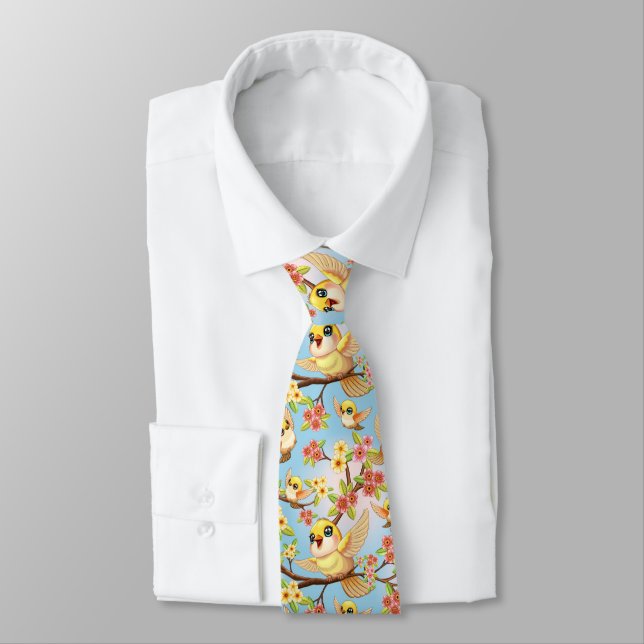 Cute and Happy Birds among Spring Flowers Tie (Tied)
