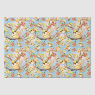 Cute and Happy Birds among Spring Flowers Tissue Paper