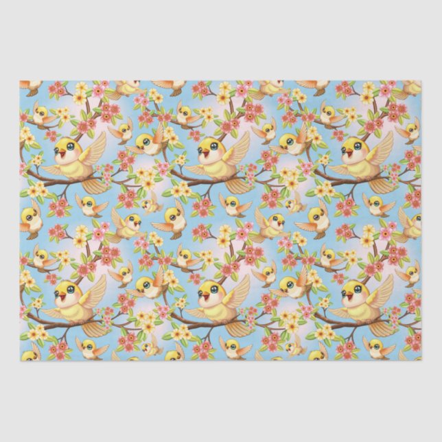 Cute and Happy Birds among Spring Flowers Tissue Paper (Front)