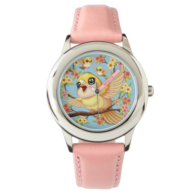 Cute and Happy Birds among Spring Flowers Watch (Front)