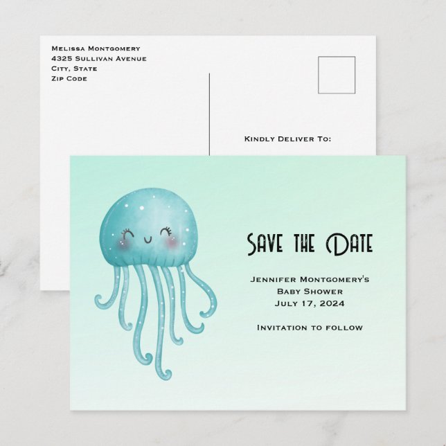 Cute and Happy Blue-Green Jellyfish Save the Date Invitation Postcard (Front/Back)