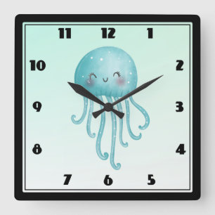 Cute and Happy Blue-Green Jellyfish Square Wall Clock