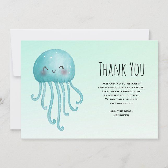 Cute and Happy Blue-Green Jellyfish Thank You Card (Front)