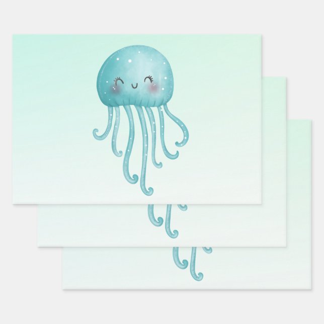 Cute and Happy Blue-Green Jellyfish Wrapping Paper Sheet (Set)