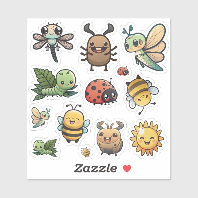 Cute and Happy Bug Stickers, Kawaii Bugs (Sheet)