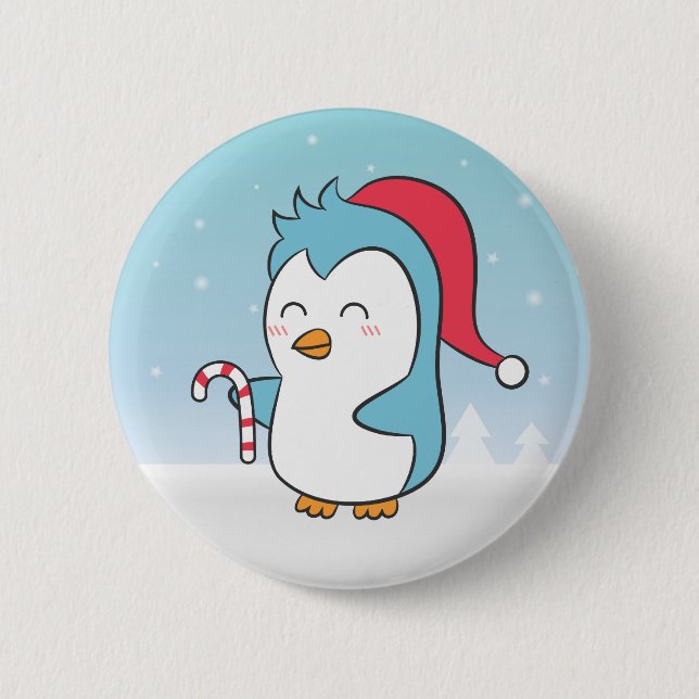 Cute and Happy Christmas Penguin with Candy Cane 2 Inch Round Button (Front)