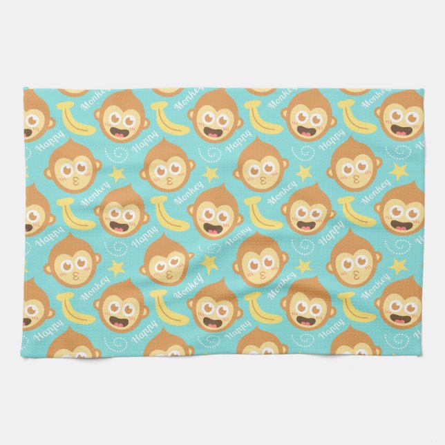 Cute and Happy Monkey, Bananas and Stars Kitchen Towel (Horizontal)