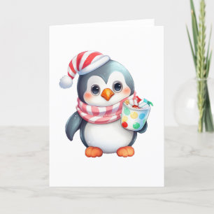 Cute and Happy Penguin with Snack BLANK  Holiday Card