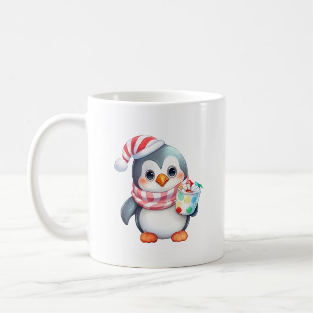 Cute and Happy Penguin with Snack  Coffee Mug (Left)