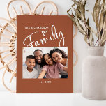Cute and Modern Family Photo | Terracotta Canvas Print<br><div class="desc">This simple and stylish family photo art features your favourite personal photo,  with the word "family" appearing in modern white handwritten script typography,  with a cute hand drawn heart on a boho terracotta background. Add your family name and established date.</div>