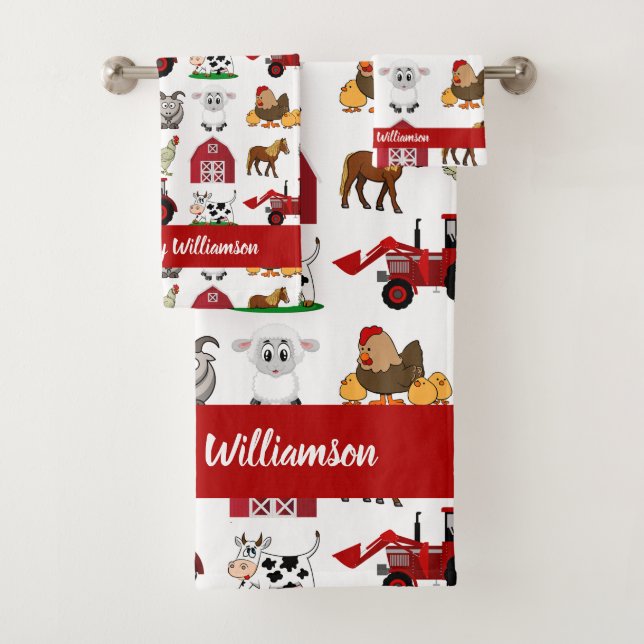 Cute and Modern Farm Animals Pattern Animal Barn  Bath Towel Set (Insitu)