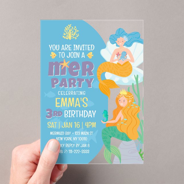Cute and Modern Mermaid Kid's Birthday Party Acrylic Invitations (Insitu (Handheld))