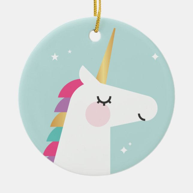 Cute and Modern Rainbow Unicorn Ceramic Ornament (Front)
