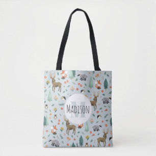 Cute and Modern Woodland Animals Monogram Kids Tote Bag