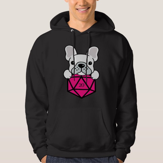 Cute and Nerdy Dog Pink Polyhedral D20 Dice Set Hoodie (Front)