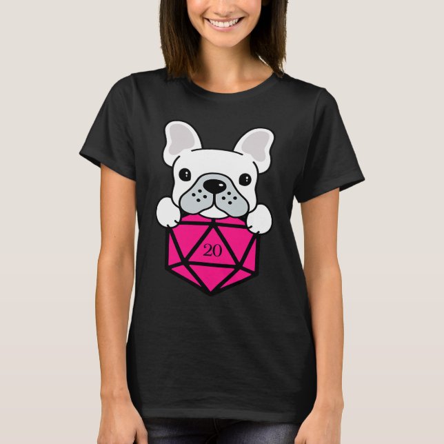 Cute and Nerdy Dog Pink Polyhedral D20 Dice Set T-Shirt (Front)