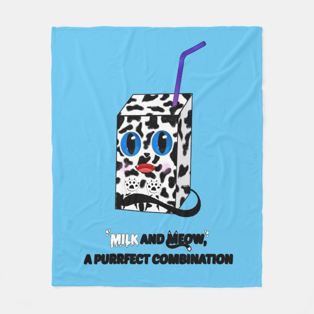 Cute and Quirky: Milk Cat Illustration Fleece Blanket (Front)