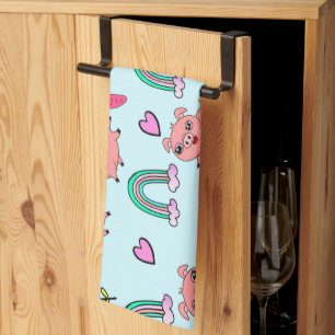 Cute and Quirky Pigs and Rainbows Pattern Kitchen Towel