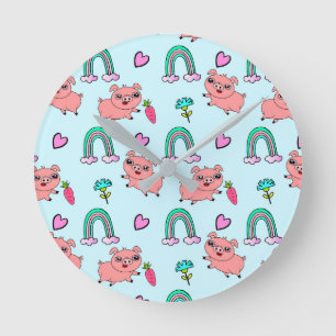 Cute and Quirky Pigs and Rainbows Pattern Round Clock
