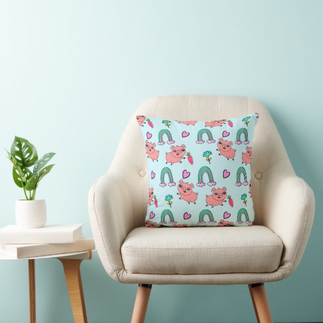 Cute and Quirky Pigs and Rainbows Pattern Throw Pillow (Chair)