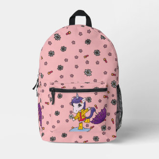 Cute and Simple Coral Floral Unicorn in Raincoat Printed Backpack