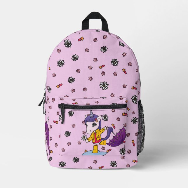 Cute and Simple Pink Floral Unicorn in Raincoat Printed Backpack (Front)