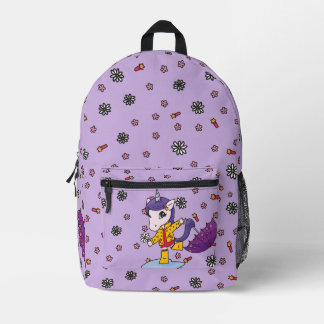 Cute and Simple Purple Floral Unicorn in Raincoat Printed Backpack
