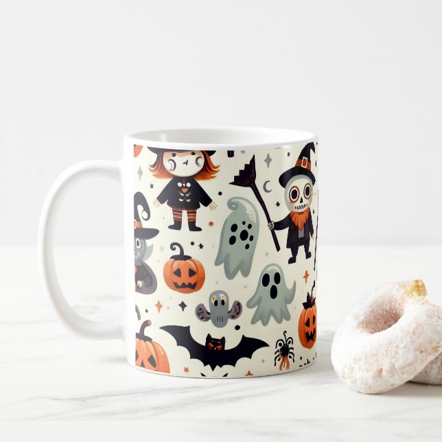Cute and Spooky Halloween Pattern Mug (With Donut)