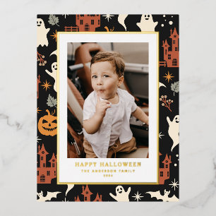 Cute and Spooky Pattern Happy Halloween Photo Foil Holiday Postcard