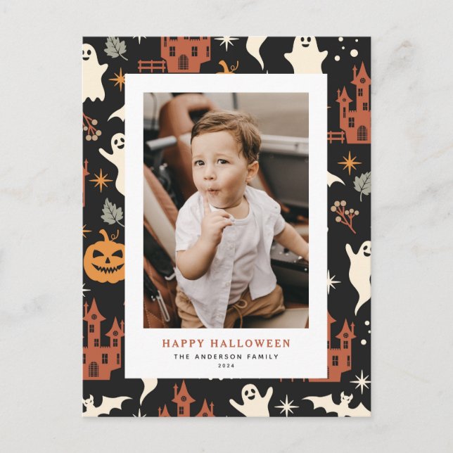 Cute and Spooky Pattern Happy Halloween Photo Holiday Postcard (Front)