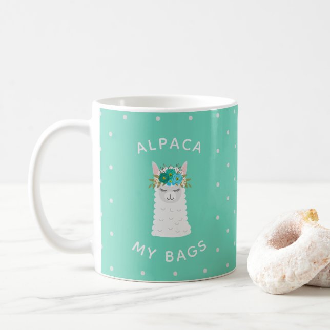 Cute and Trendy Alpaca | Turquoise Coffee Mug (With Donut)