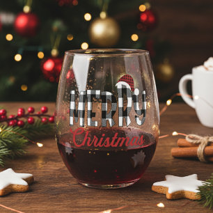 Cute And Trendy Buffalo Plaid Merry Christmas Stemless Wine Glass