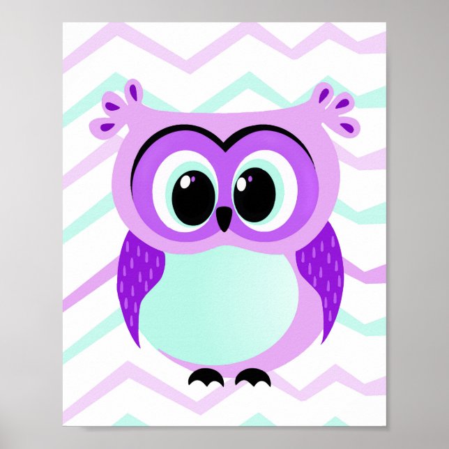 Cute and unique cartoon owl on chevron nursery poster (Front)