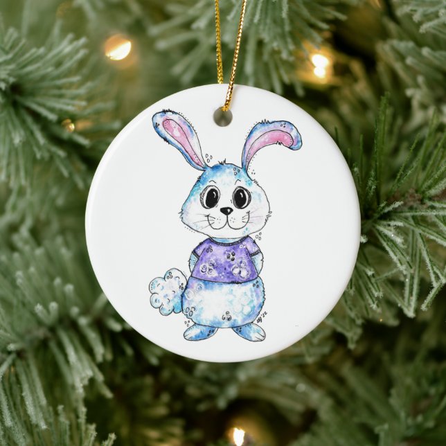 Cute and Whimsical Blue Bunny Ceramic Ornament (Tree)