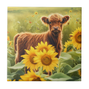 Cute and Whimsical Highland Calf Sunflowers Tile