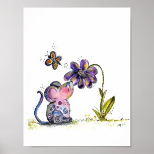 Cute and Whimsical Mouse and Flower Poster