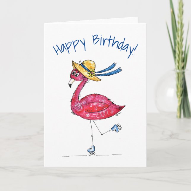 Cute and Whimsical Pink Flamingo on Skates Card (Front)