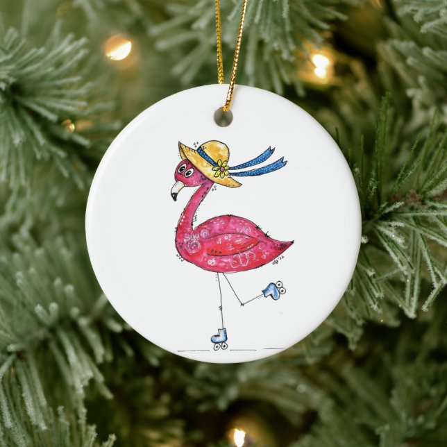 Cute and Whimsical Pink Flamingo on Skates Ceramic Ornament (Tree)